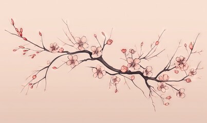  a branch of a tree with pink flowers on a light pink background.  generative ai
