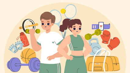 Fitness training concept. Young athletes, male female active workout characters. Healthy lifestyle, cartoon trainers or sport coach snugly vector scene