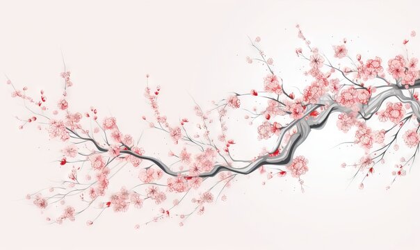  a branch with pink flowers on it and a river running through it.  generative ai