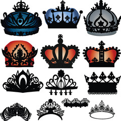 group of thirteen different crowns isolated on white
