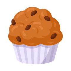 Cartoon cupcake. Sweet pastry muffin, delicious vanilla dessert with chocolate chip flat vector illustration