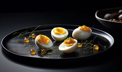  a black plate topped with hard boiled eggs and garnished with orange zest.  generative ai