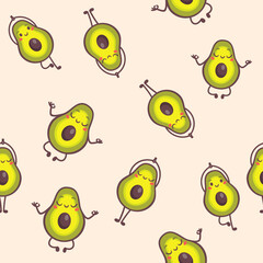 Seamless vector pattern. Cute avocados doing yoga. Avocados with faces and hands on a beige background. Vector illustration