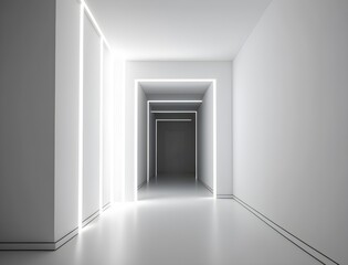 minimal graphic design of a white corridor illuminated by neon tubes inside a building
