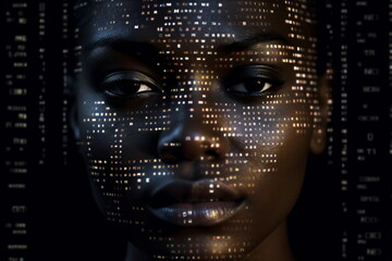 Black woman face with digital matrix numbers. Artificial intelligence. AI theme with a female human face