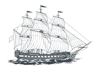 Frigate ship, vintage military sailboat in silhouette isolated on white background. Hand drawn engraving style vector illustration.