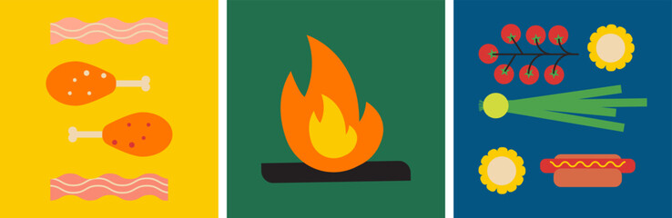 Abstract picnic and fire food set. Picnic outdoor food concept. Flat geometric vector illustration. Funny colored typography poster, advertising, packaging print design, restaurant menu decoration.