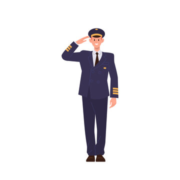 Professional pilot commander airliner staff with salute gesture isolated on white background