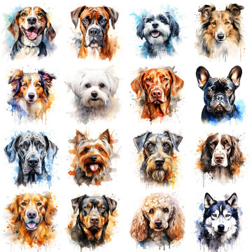Set of dogs of various breeds painted in colorful watercolor on a white background in a realistic manner.