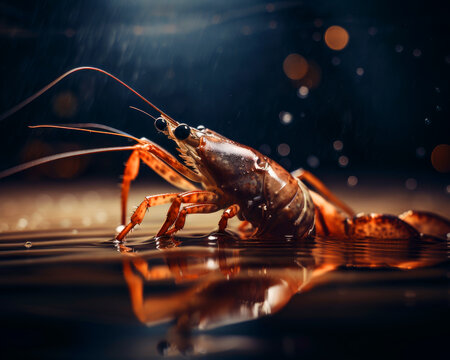 Crayfish alive crawling out of water. Cancer at blurred backdrop. Close up. Generative AI.
