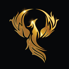 A vector illustration of Golden Phoenix Logo Vector Illustration in black background with gold shine effect