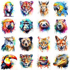 Fototapeta premium South American animal set painted with watercolors on a white background in a realistic manner, multicolored and iridescent.