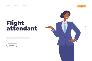 Flight attendant service landing page with happy friendly smiling air hostess in uniform