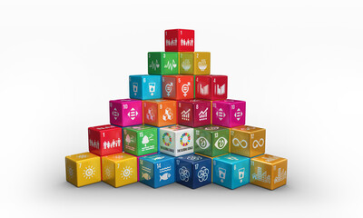 Pyramid of colorful blocks on white background. Sustainable Development global goals. High-quality Illustration. 3D rendering. Kids Educational content.

