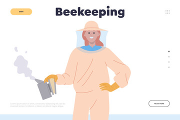 Beekeeping landing page design template with woman hiver in protective uniform with smoker