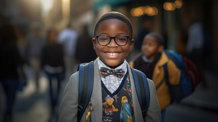 Smiling african american school boy with backpack looking at camera. Happy boy portrait at city street. Created with Generative ai