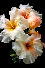 White and peach colored hibiscus flowers, black background