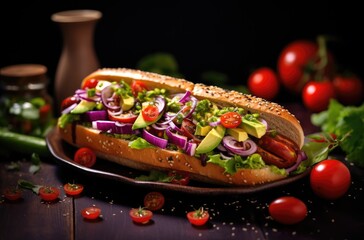 A hot dog with salad and onions, generative ai