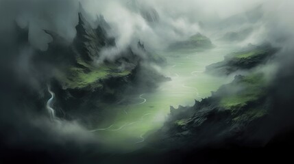 Mountains in the fog in a beautiful early morning. Landscape with mountain valley, low clouds and forest. Generative AI. Illustration for banner, poster, cover, brochure or presentation.