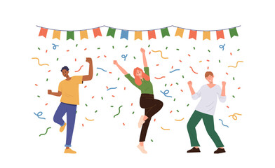 Group of happy people character celebrating event or ceremony having fun and jumping with joy - obrazy, fototapety, plakaty