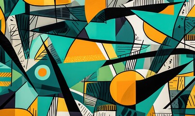 Fototapeta premium a painting of abstract shapes and lines on a blue background. generative ai