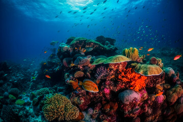 Naklejka na ściany i meble Beautiful sea bottom with corals and fish. Generative AI