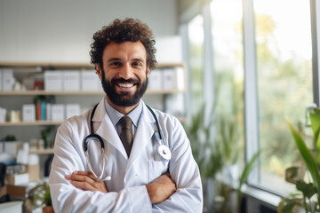 Young handsome man wearing doctor uniform and stethoscope with a happy smile. Lucky person