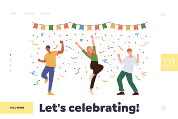 Lets celebrating landing page template with happy people best friends or coworkers cartoon design
