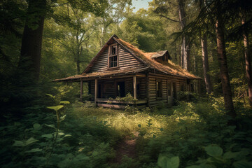 Fototapeta na wymiar Old hut in the forest. Generative AI