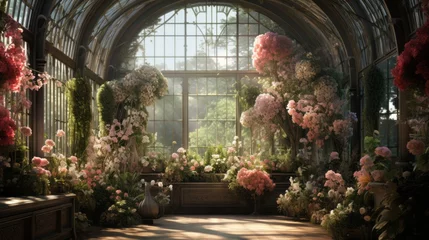 Inside a Victorian greenhouse full of plants and flowers in blossom. Made with Generative AI.  