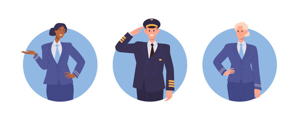 Isolated set of round composition with happy friendly smiling plane crew people characters