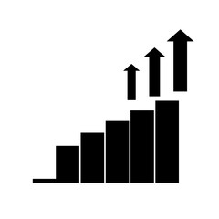 Single black arrow growing pointing up on chart graph bars icon, success graph trending upwards flat design interface infographic element for app ui ux web button, vector isolated on white background