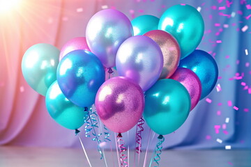 Set of metallic colors glossy balloons with strings. for birthdays, parties, weddings or promotion banners or posters. vivid and realistic illustration