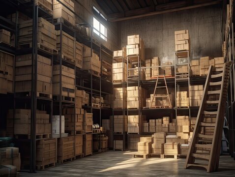 Rows Of Shelves With Boxes In Warehouse, AI generative