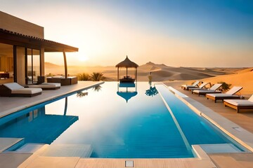 A mesmerizing desert landscape with a swimming pool