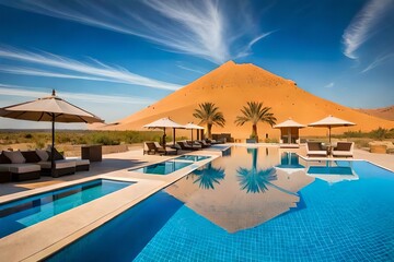 A mesmerizing desert landscape with a swimming pool