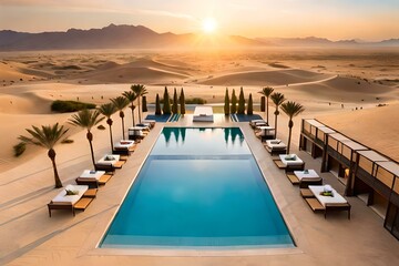 A mesmerizing desert landscape with a swimming pool