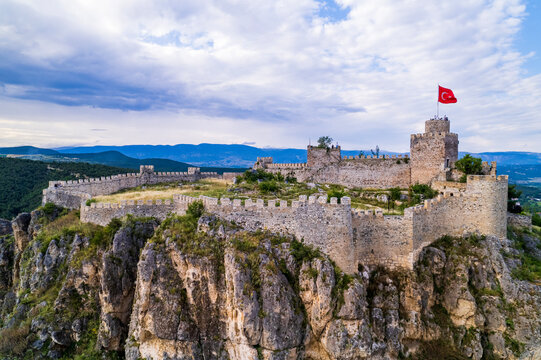 Boyabat Castle in Boyabat District. Sinop, Turkey. Aerial view of Boyabat Castle. Drone shot.