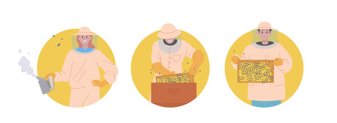 Fototapeta premium Isolated set of round icon composition with beekeeper character working at apiary hive outdoor farm