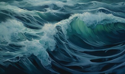  a painting of a large wave with green and blue colors.  generative ai