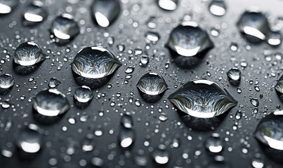  a group of water droplets on a black surface with drops of water on the surface.  generative ai