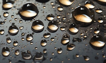  a close up of water droplets on a black surface with white dots.  generative ai