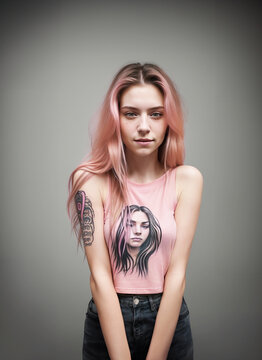 Illustrazione Generative Ai di giovane ragazza, sguardo accattivante, capelli lunghi rosa, maglietta rosa, tatuaggi sulle braccia, moderna e informale, sfondo neutro 