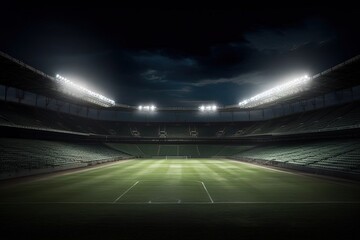 Fototapeta na wymiar Stadium with grass field and lights. Created with generative AI.