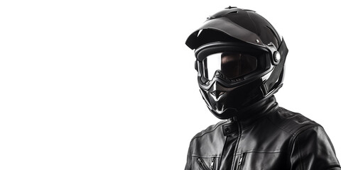 Portrait of a motorcyclist in a matching suit and helmet, close-up and against an isolated white background. Generative AI