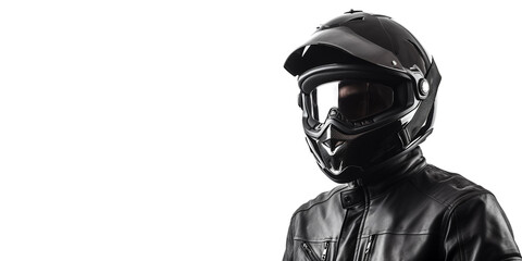 Fototapeta premium Portrait of a motorcyclist in a matching suit and helmet, close-up and against an isolated white background. Generative AI