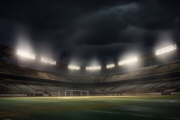 Stadium with grass field and lights. Created with generative AI.