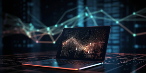 An image of an open laptop screen and 3D business charts, holographic or space style and in dark colors. Generative AI