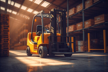 Forklift-truck in a warehouse transports cargo in cardboard boxes. Forklift loader in warehouse. Generative AI