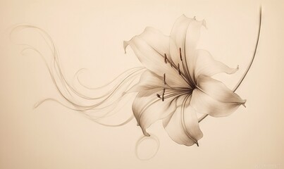  a white flower with a long stem on a beige background.  generative ai